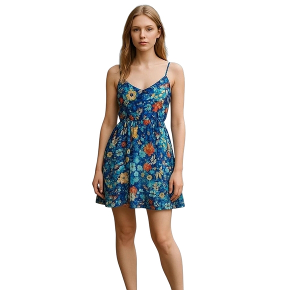 Aqua Blue Multicolor Floral Fit & Flare Mini Dress xSmall Preowned - Picture 1 of 8